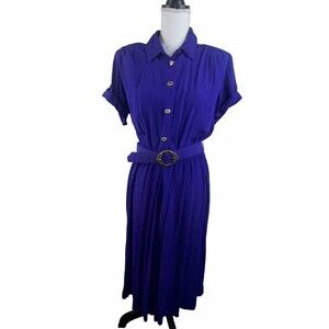 Nina Piccalino Vintage Purple Midi Dress Pleated Belted Shoulder Pads Size 14P
